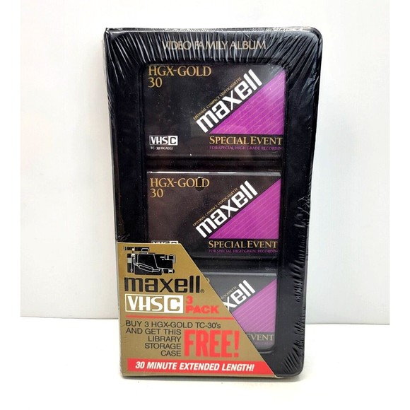3 Maxwell VHS-C TC-30 HGX Gold Premium High Grade Video Tapes w/ Storage Case - Picture 2 of 9